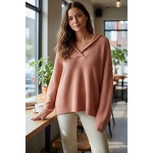 Aerie Waffle Knit Hoodie Pullover Peach Oversized V Neck Sweater